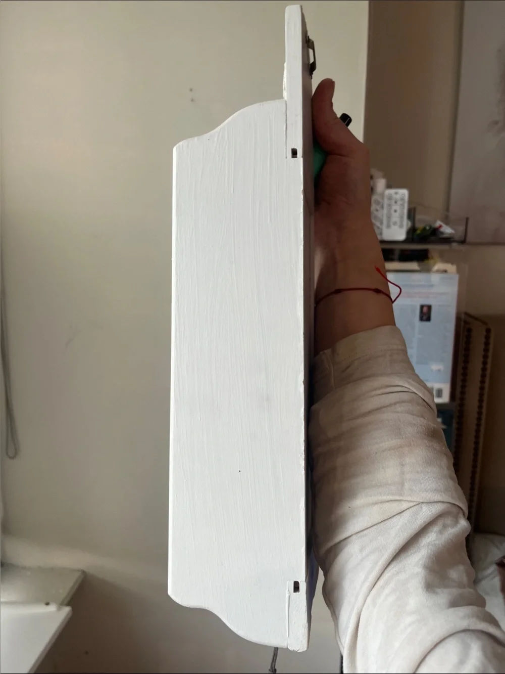 Off White / cream painted decorative Wood Wall Shelf w hooks -